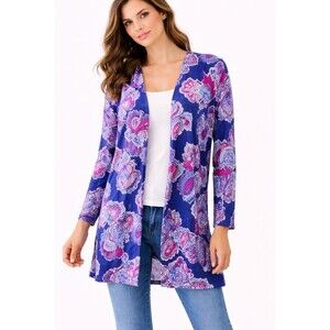 Chicos Ultimate Tee Size 2 Large Paisley Open Front Cardigan Top Pockets Boho